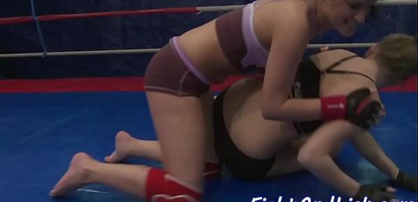  Busty lezzies wrestling and fingering pussies
